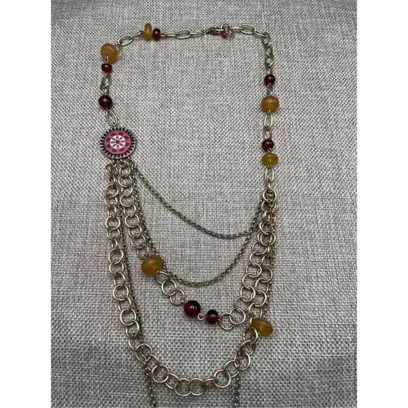 Lucky Brand Gypsy Red Enamel Medallion Gold-Tone Layered Long Necklace - Picture 3 of 8